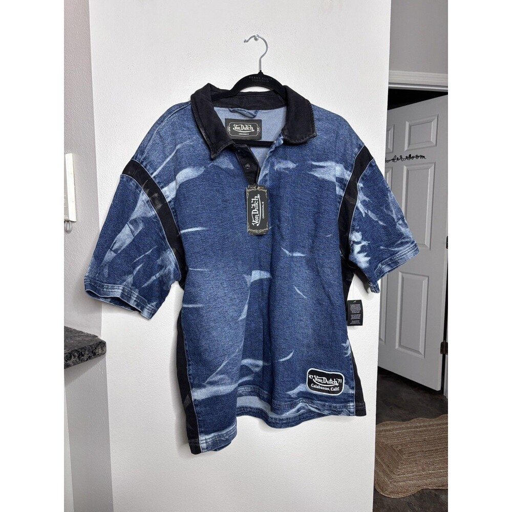 NWT Von Dutch Originals Acid Wash Pusher Polo Blue Denim  Y2K Street wear XL